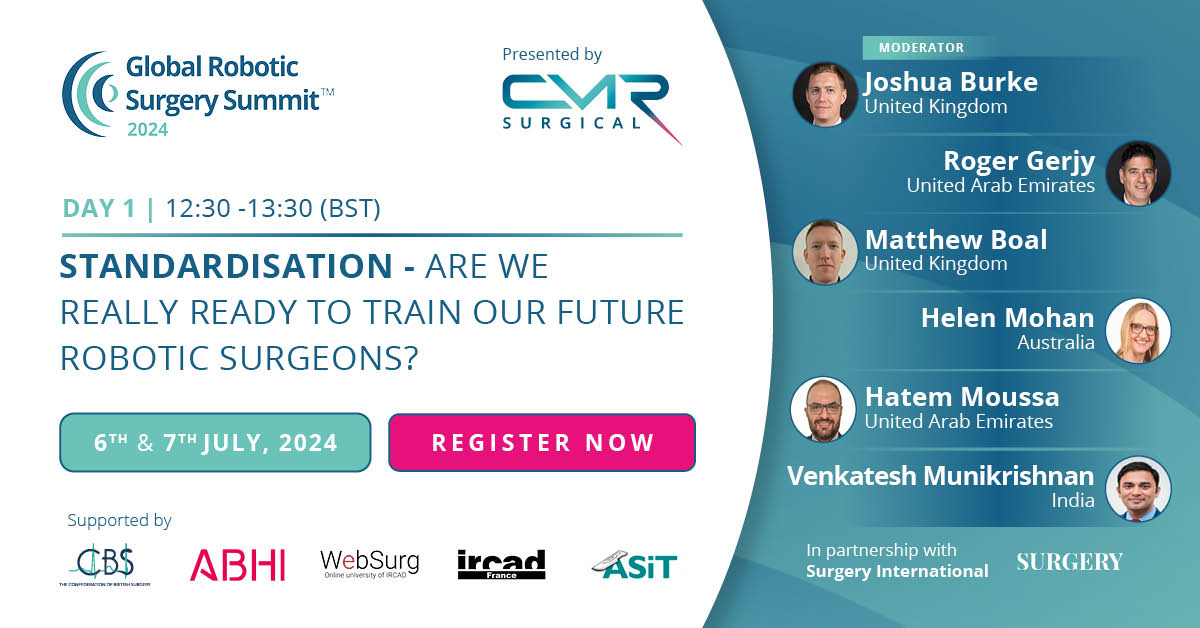 CMR Surgical (@cmrsurgical) on Twitter photo Next up at #GRSS2024, we have panellists @boal_matthew, Roger Gerjy,
<a href="/HelenMohan1/">Helen Mohan</a>, Hatem Moussa and <a href="/venky72/">Venky Munikrishnan</a> in 'Standardisation - Are we really ready to train our future robotic surgeons?' moderated by <a href="/ASiTofficial/">ASiT</a> alumni <a href="/_JoshBurke_/">Josh Burke</a>.
Join here: involved.events/goto/grss24-re… Next up at #GRSS2024, we have panellists @boal_matthew, Roger Gerjy,
<a href="/HelenMohan1/">Helen Mohan</a>, Hatem Moussa and <a href="/venky72/">Venky Munikrishnan</a> in 'Standardisation - Are we really ready to train our future robotic surgeons?' moderated by <a href="/ASiTofficial/">ASiT</a> alumni <a href="/_JoshBurke_/">Josh Burke</a>.
Join here: involved.events/goto/grss24-re…