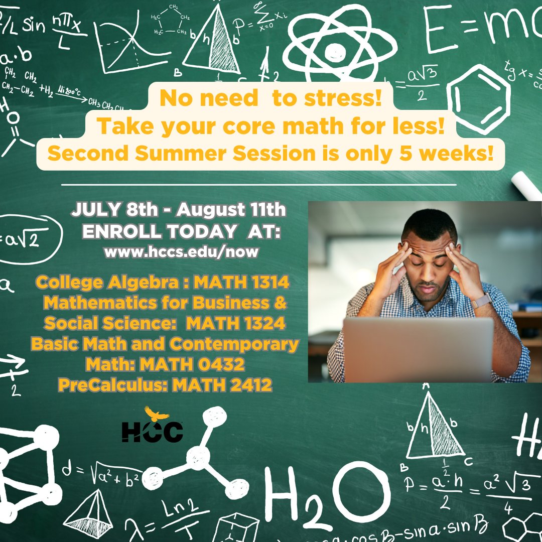 hccsecollege's tweet image. Our 5-week Second Start Summer Session is a fantastic way to stay productive, get ahead, and make the most of your summer! You've got this!
Register today to begin classes as soon as Monday at hccs.edu/now ...
#summerlearning #coremath #hccsoutheast