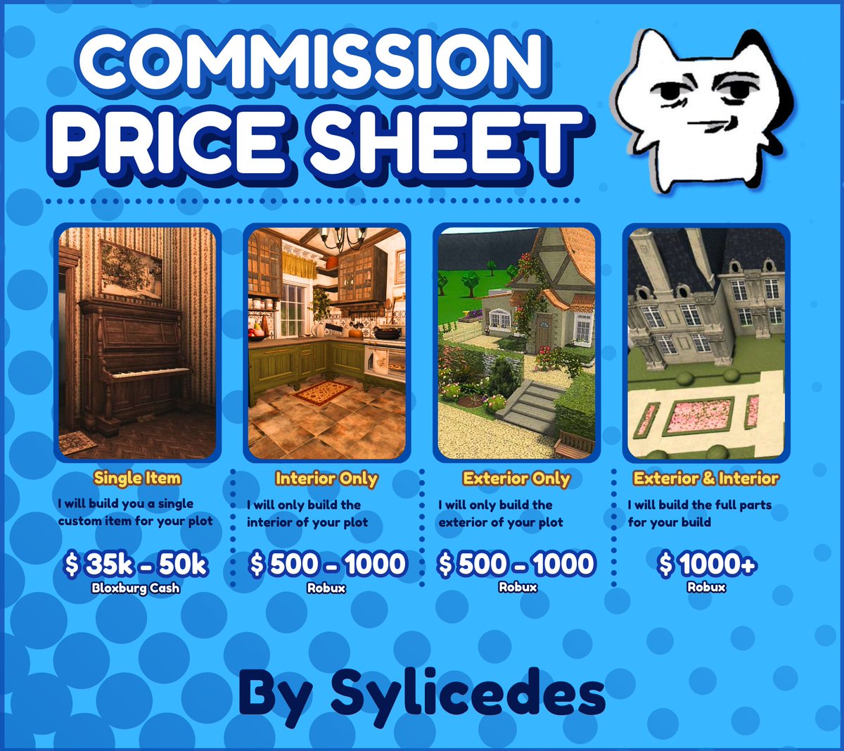 OSylexx's tweet image. bloxburg commision price sheet yay
(probably overpriced but I based it off of how people paid me in the past) 
#bloxburg #bloxburgbuilds