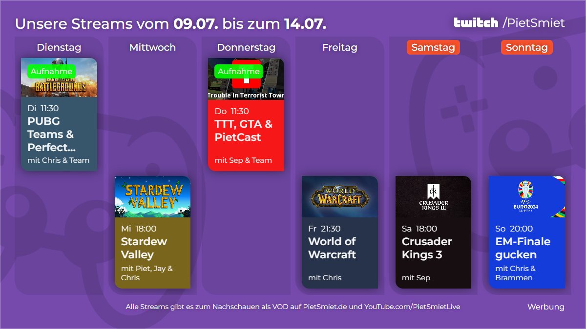 Nächste Woche gibts wieder viel Live mitzuerleben, darunter Stardew Valley, TTT oder auch Perfect Heist 🙌