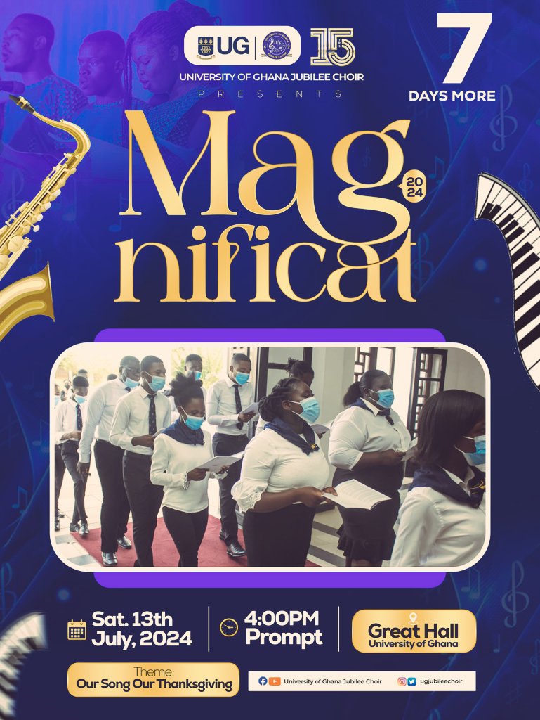 holydywasky's tweet photo. 🕒 The countdown has started! 🕒 

 MAGNIFICAT 2024 is a few days away 🔥🔥🔥

7⃣ days more to this breathtaking concert🔥🔥 🔥🎶 💃 

Don't miss this wonderful celebration! 🥳

Join us on Saturday 13th July at 4pm at the Great Hall, University of Ghana.
 
#ugjubileechoir https://t.co/BThk9UBDWl
