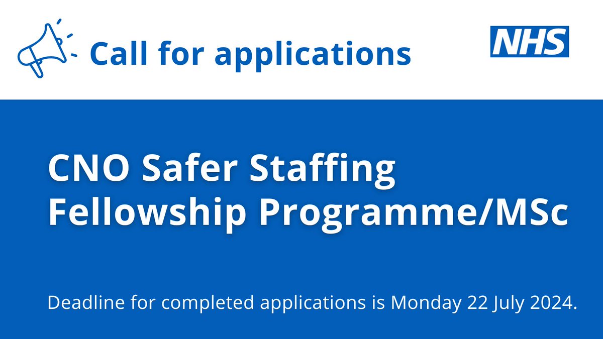 teamCNO 💙 (@teamcno_) on Twitter photo 📢 Applications now open for the CNO Safer Staffing Fellowship Programme. Developed with <a href="/ShelfordGrp/">The Shelford Group</a> and open to senior nurses and midwives from all settings, the course supports a sustainable, consistent approach to #SaferStaffing in the NHS.
Visit ▶️ england.nhs.uk/nursingmidwife… 📢 Applications now open for the CNO Safer Staffing Fellowship Programme. Developed with <a href="/ShelfordGrp/">The Shelford Group</a> and open to senior nurses and midwives from all settings, the course supports a sustainable, consistent approach to #SaferStaffing in the NHS.
Visit ▶️ england.nhs.uk/nursingmidwife…