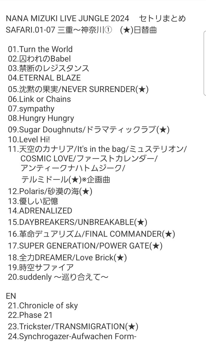 7/6 NANA MIZUKI LIVE JUNGLE 2024 SAFARI.07 神奈川公演① セトリ ※2