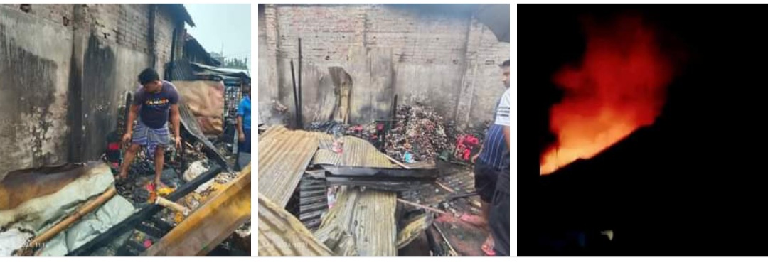 ডোমার পৌর কাঁচা বাজার ও সংলগ্নন নুর মার্কেট আগুনে পুড়ে আট টি দোকান ভস্মীভূত হয়েছে