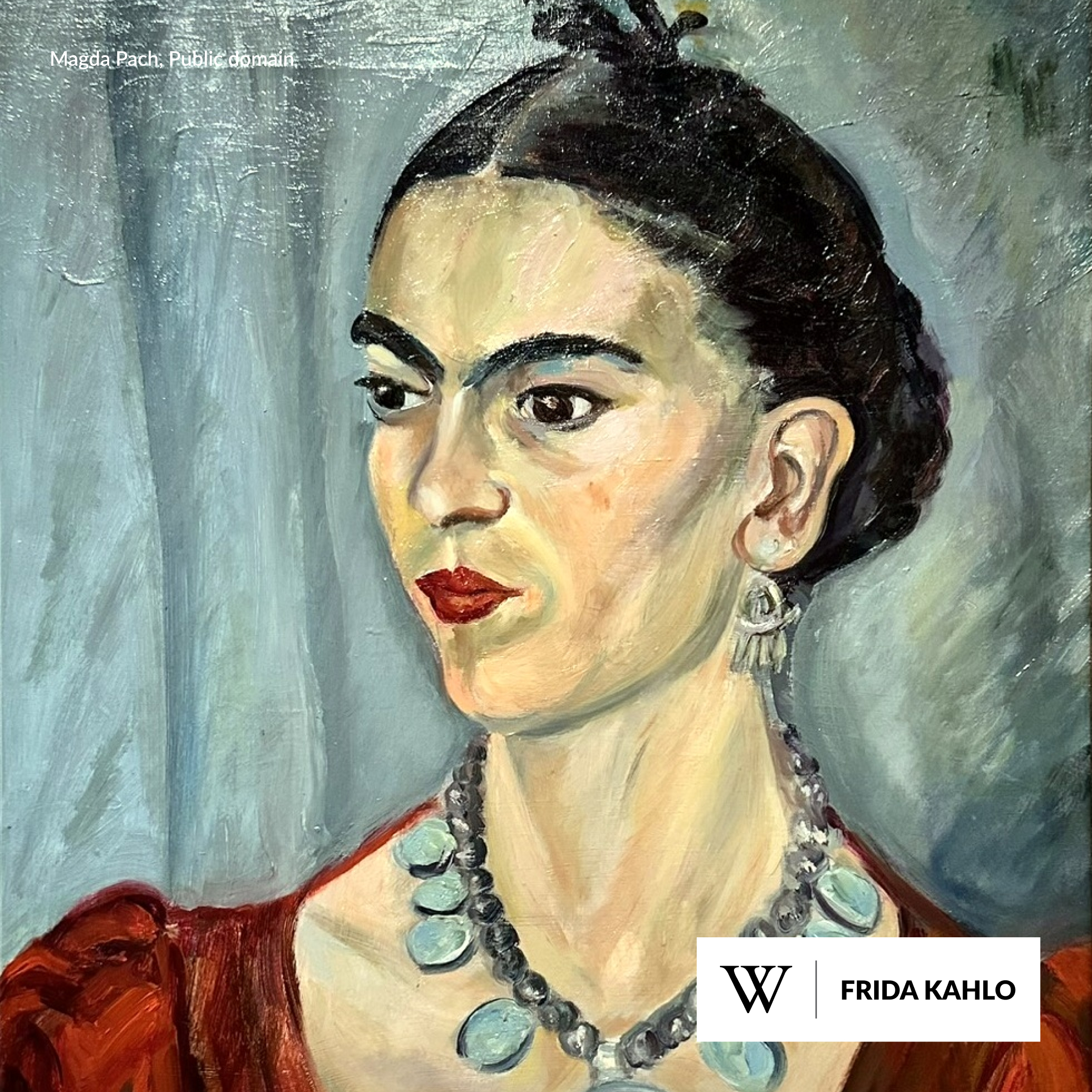A colorful portrait painting of Frida Kahlo against a cool blue background, emphasizing her red attire and detailed necklace. 