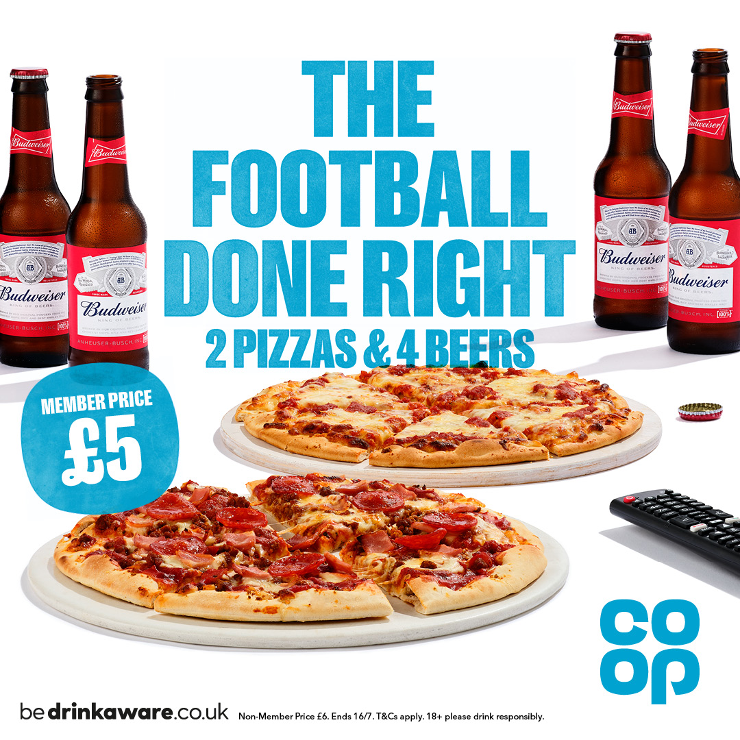 Stay in this summer with 2 pizzas and 4 beers for just £5 for Co-op Members 🙌
Shop instore or online 👉 coop.uk/321dn7S