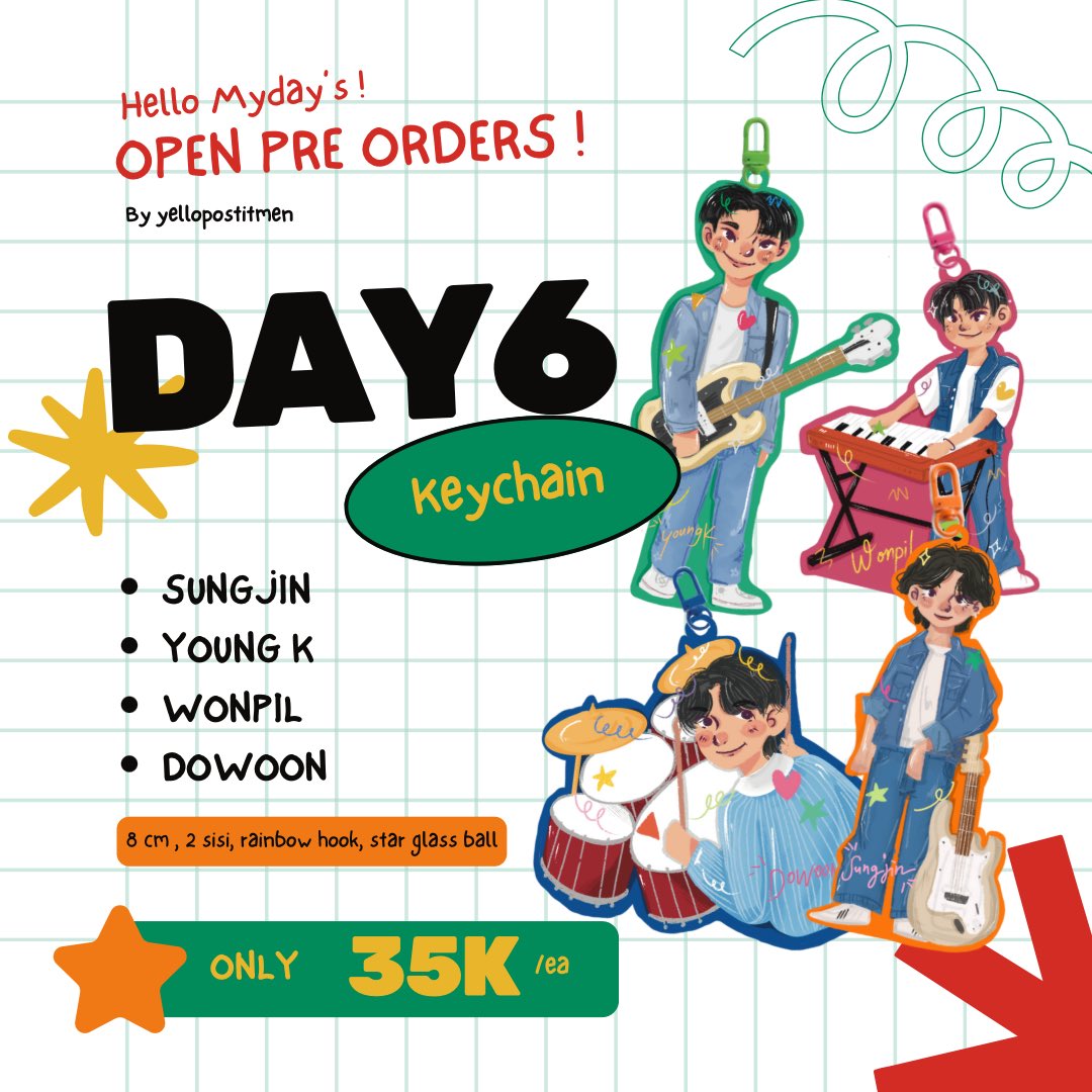 yellopostitmen's tweet photo. [OPEN PREORDER DAY6 KEYCHAIN] 
rt like are apreciated🍀✨ 

Hii, myday! Aku Open PO Keychain ini, yuk bawa pulang~

📆 Periode : 7-14 juli 2024 
📦 Dikirim dari Kab. Tangerang 
🐌 Est. produksi + pengiriman 7-14 Hari 
📝 Pemesanan melalui gform https://t.co/unK2HxiIQn 

#DAY6 https://t.co/J90r8I4NuO