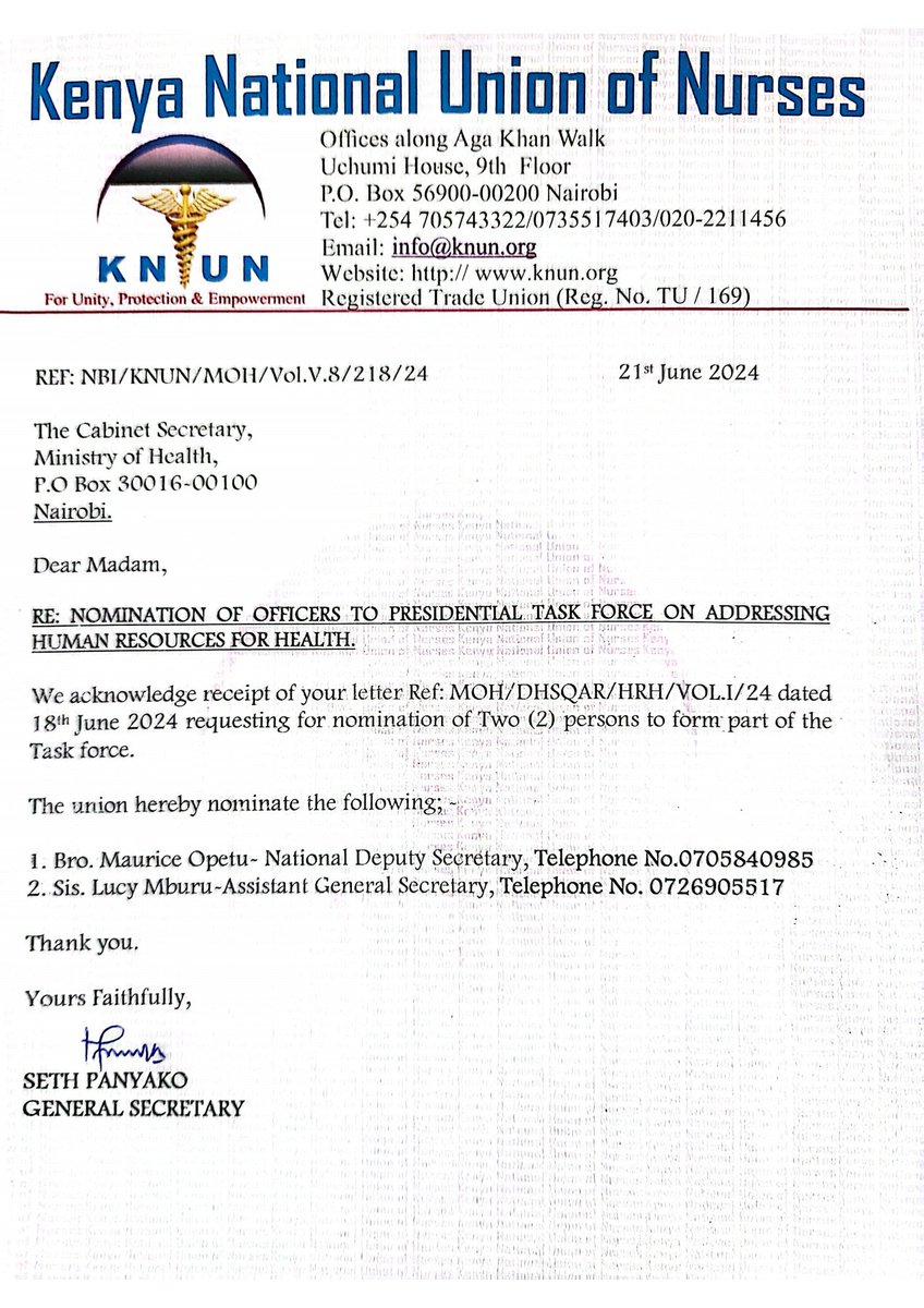 We take this opportunity to Congratulate Ms Lucy Mburu who is the Union's Assistant General Secretary on her appointment to the Presidential Taskforce on Addressing Human Resource for Health.
<a href="/citizentvkenya/">Citizen TV Kenya</a> <a href="/K24Tv/">K24 TV</a> <a href="/KBCChannel1/">KBC Channel 1 News</a> <a href="/Kenyans/">Kenyans.co.ke</a> <a href="/KTNNewsKE/">KTN News</a> <a href="/tv47news/">TV47</a>