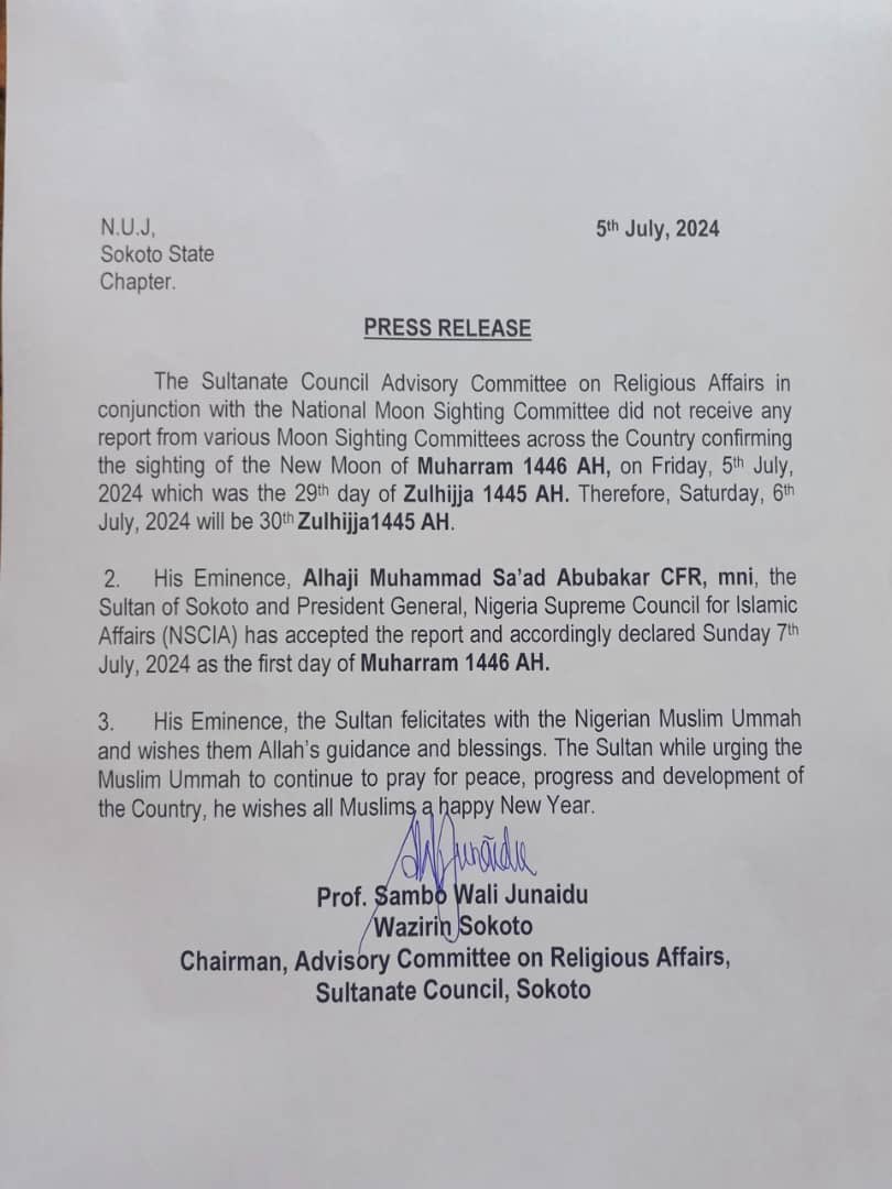 AM_Saleeeem's tweet photo. The Sultan of  Sokoto has declared tomorrow (Sunday) as the first day of Muharram 1446 AH, which marks Islamic Calendar’s new year. https://t.co/iavjFcKC4z