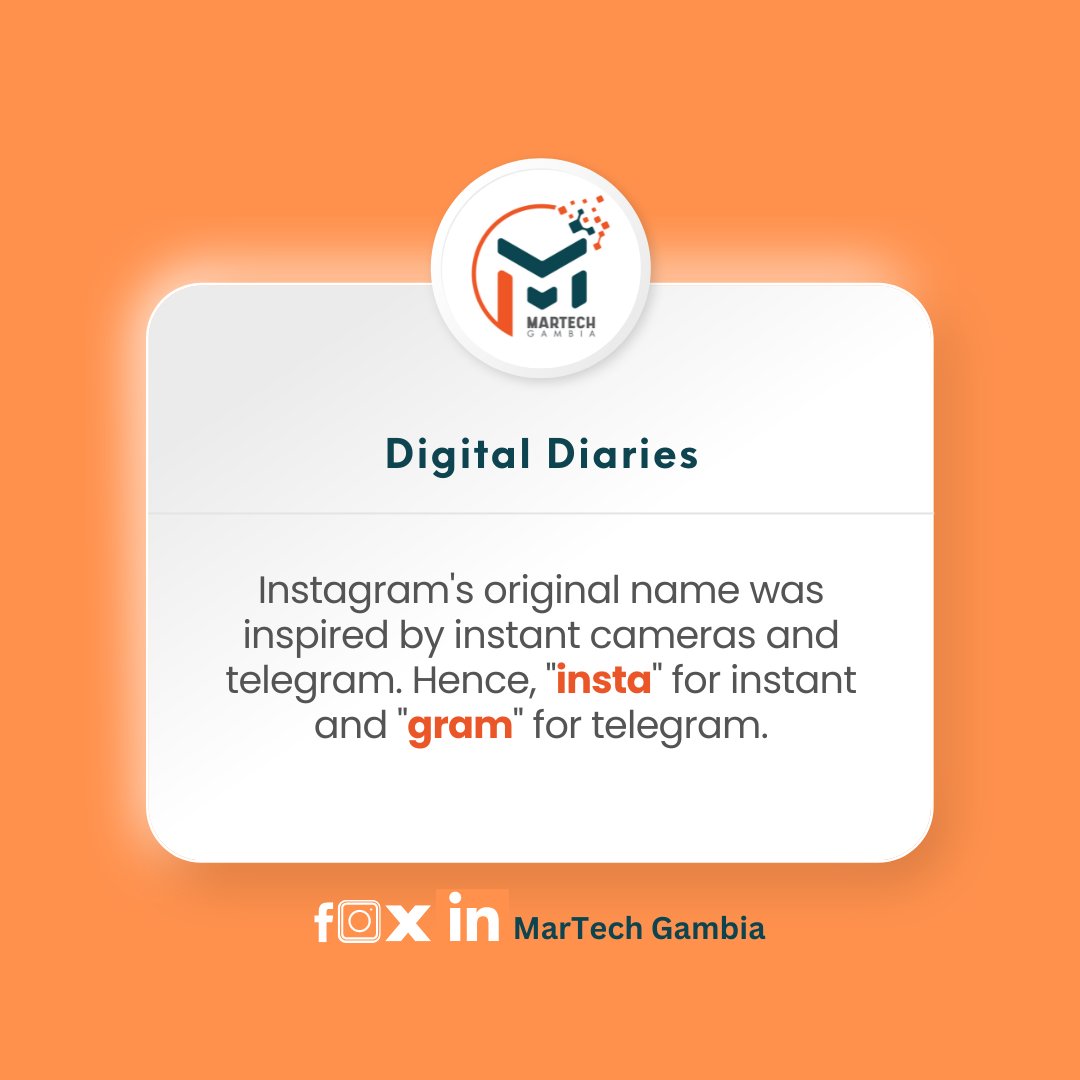 Did you know? Instagram's name was inspired by instant cameras and telegrams—hence "insta" for instant and "gram" for telegram! 📸✨

#Gambia #Instagram #socialmediatips