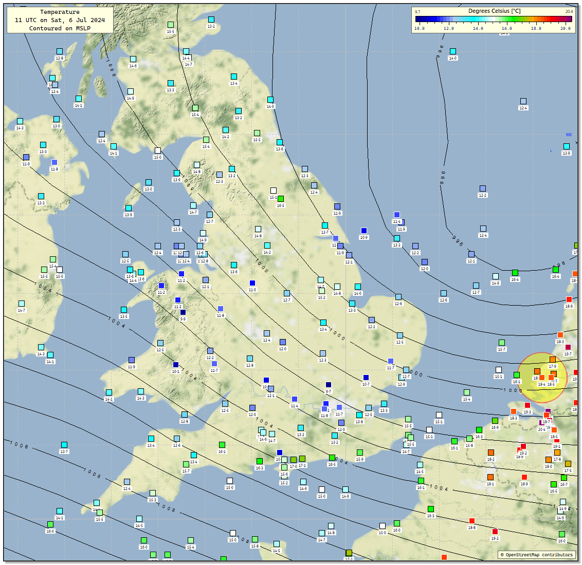 williemossop's tweet image. 6 Jul 2024
11 UTC Temps
A bit on the optimistic side with your max temps I reckon 🤔
It's just 9.7°C at #Rothamsted at 11 UTC 😮
The July mean max there is 22.1°C  (1991-2020 LTA).
Temps are "well below the July average", infact it's a COLD day for July.
@bbcweather 
#ukweather