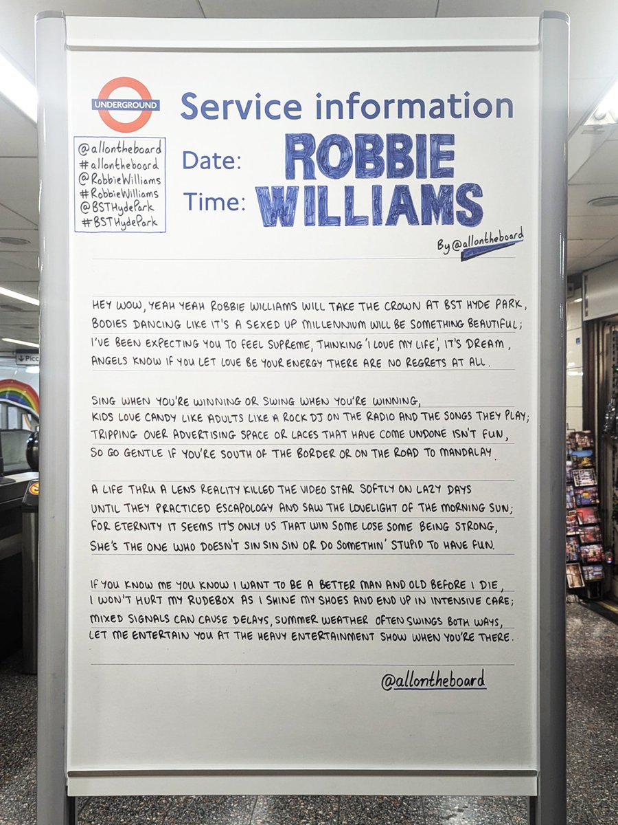 allontheboard's tweet photo. The one and only @robbiewilliams is going to entertain the crowds at @BSTHydePark tonight and it’s gonna be....SENSATIONAL. Make sure you bring a poncho and suitable shoes. 
@allontheboard 
#RobbieWilliams #bsthydepark #allontheboard https://t.co/2g1AmFv11p