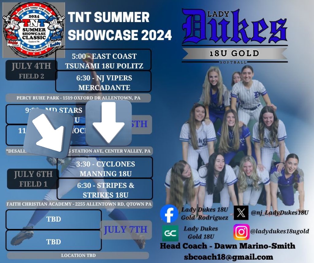 NJ Unity 18U Iorio (@nj_ladydukes18u) on Twitter photo 📅 Saturday, 7/6
⏰ 3:30 & 6:30
📍 Faith Christian Academy, Field #1
Available 2025 MIF/3B
Available 2025 P/1B
Available 2026 C/3B power hitter
Available 2026 P/OF
<a href="/B_McHale2025/">Brooke McHale</a> <a href="/gracegriesler7/">Grace Griesler</a> <a href="/JaydenKane2026/">Jayden Kane</a> <a href="/fayeallen2026/">Faye Allen</a> 📅 Saturday, 7/6
⏰ 3:30 & 6:30
📍 Faith Christian Academy, Field #1
Available 2025 MIF/3B
Available 2025 P/1B
Available 2026 C/3B power hitter
Available 2026 P/OF
<a href="/B_McHale2025/">Brooke McHale</a> <a href="/gracegriesler7/">Grace Griesler</a> <a href="/JaydenKane2026/">Jayden Kane</a> <a href="/fayeallen2026/">Faye Allen</a>