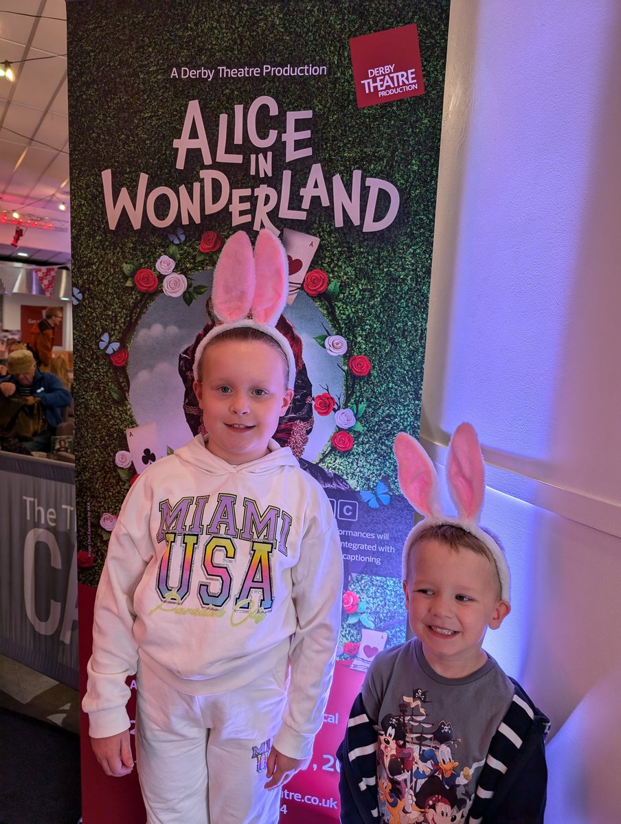 Afternoon at <a href="/derbytheatre/">Derby Theatre</a> to watch Alice in Wonderland featuring one of my year 10 GCSE drama pupils, Jenny. Can't wait. Eloise and Austin are excited too.