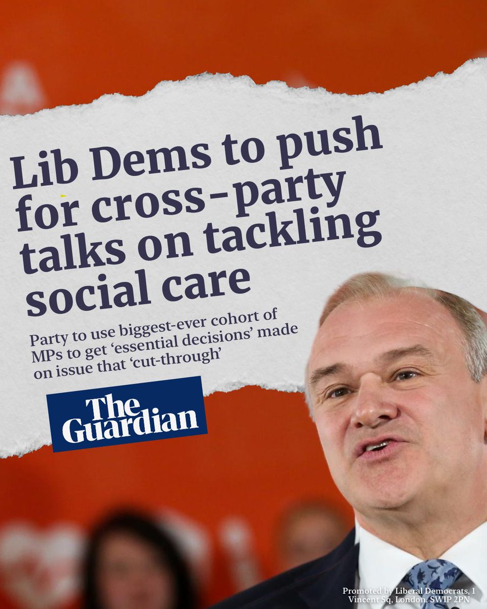 LibDems's tweet image. We won’t be playing party political games.

It is time for proper, cross-party talks on social care funding, where tough but essential decisions are needed.



We will also make sure that carers cannot be forgotten again by people in power.