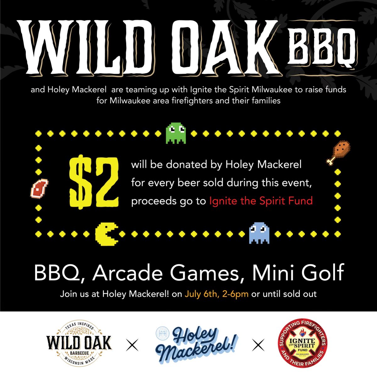 Today is a beautiful day for BBQ, brews and mini golf! Our friends at Wild Oak Barbecue are popping up at Holey Mackerel today, July 6th from 2-6pm. 

We're honored that proceeds from your beverage purchases will benefit our mission to support firefighters and their families.