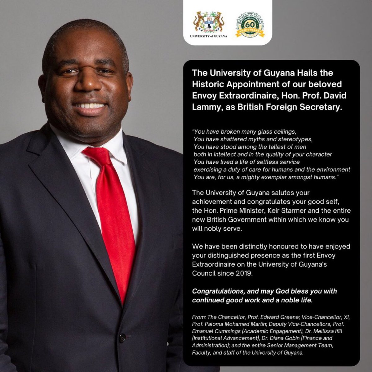 EdwardGreene1's tweet photo. University of Guyana Hails historic Appointment of Rt Hon David Lammy # UG’s Envoy Extraordinaire on   his appointment as British Foreign Secretary in the new Labour Government https://t.co/HeUI1BkWxI