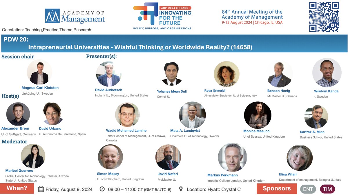 Maribel Guerrero (@dr_mguerrero) on Twitter photo Dear Colleagues,
For those attending the 2024 <a href="/AOMConnect/">Academy of Management</a> in Chicago, we invite you to attend our PDW on Friday, August 9th, at 8:00 A.M. in the Hyatt: Crystal C (#14658), titled
"#IntrapreneurialUniversities—Wishful Thinking or Worldwide Reality?"
Further details here 👇 Dear Colleagues,
For those attending the 2024 <a href="/AOMConnect/">Academy of Management</a> in Chicago, we invite you to attend our PDW on Friday, August 9th, at 8:00 A.M. in the Hyatt: Crystal C (#14658), titled
"#IntrapreneurialUniversities—Wishful Thinking or Worldwide Reality?"
Further details here 👇