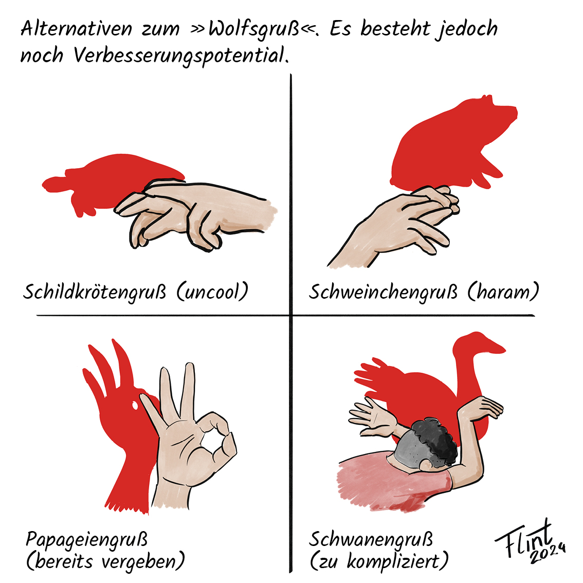 Nachdem der türkische Spieler #Demiral nach dem zeigen des #Wolfsgruß für 2 Spiele gesperrt wurde, sind Spieler und Fans auf der Suche nach einer sanktionsfreien Alternative.

#comic #karikatur #türkei #fussball #fußball #em #EURo2024  #europameisterschaft #NEDTUR #turned