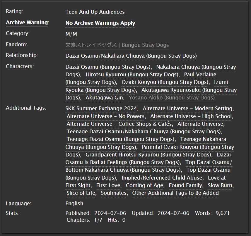 gift for <a href="/AlwaysaJoy2/">A Joy</a> for the <a href="/skksummerexch/">Soukoku Summer Exchange • Completed</a>!! i hope you enjoy reading it as much as i had fun writing it 🥰💖💖

→ title: seeing myself in you
→ rating: teen &amp; up 
→ 9.6k 
→ teen skk / dachuu 
→ small town
→ cafe/highschool au

fic link below🔽