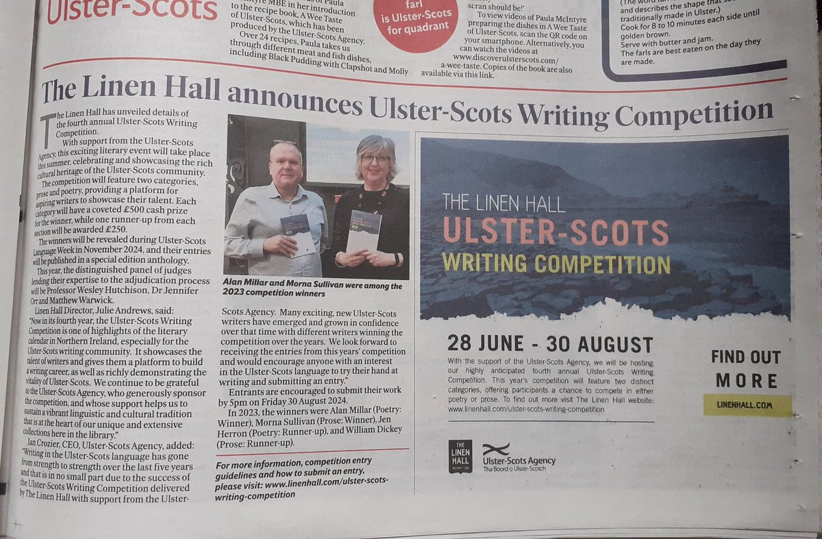 mornawriter's tweet image. I'm in the 'UlsterScot' supplement with today's Belfast  Telegraph with last year's poetry winner - did you see this @MillarTap? This year's Linenhall Ulster-Scots writing competition is now open