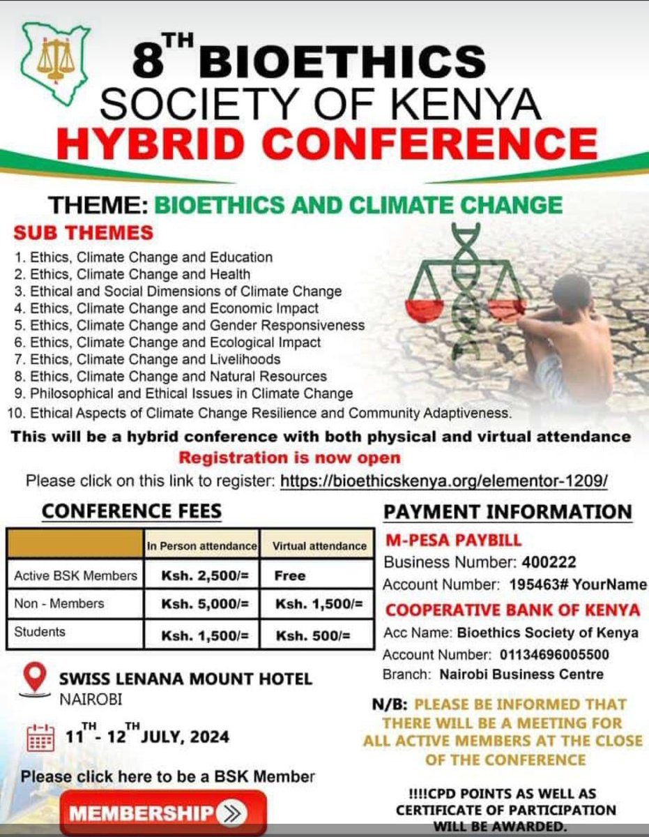 Have you registered for the 8th Bioethics Society of Kenya Conference?  save the dates 11th and 12th July 2024 theme "Bioethics and Climate Change" #Bioethics #ClimateChange