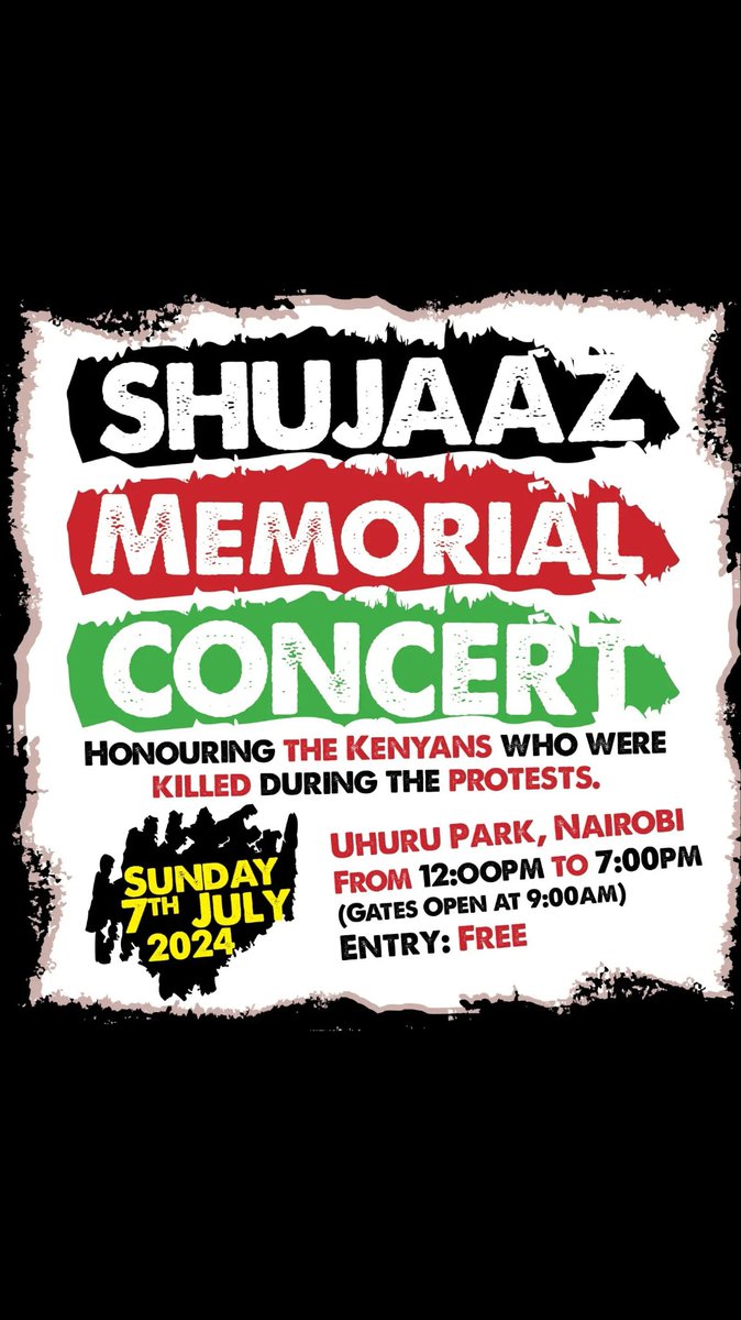 Tomorrow, Sunday 7/7/ we will come together for a concert happening  at Uhuru Park in Nairobi to honor Kenyans who stood up against and defeated the Finance Bill, 2024. Let's not tire in seeking justice ✊🏿✊🏿.
#SabaSabaMarchForOurLives 
<a href="/UhaiWetu/">Social Justice Centres Working Group</a> 
<a href="/DefendersKE/">@Defenders Coalition 🇰🇪</a> 
<a href="/thekhrc/">KHRC</a> 
<a href="/IJM/">International Justice Mission</a>