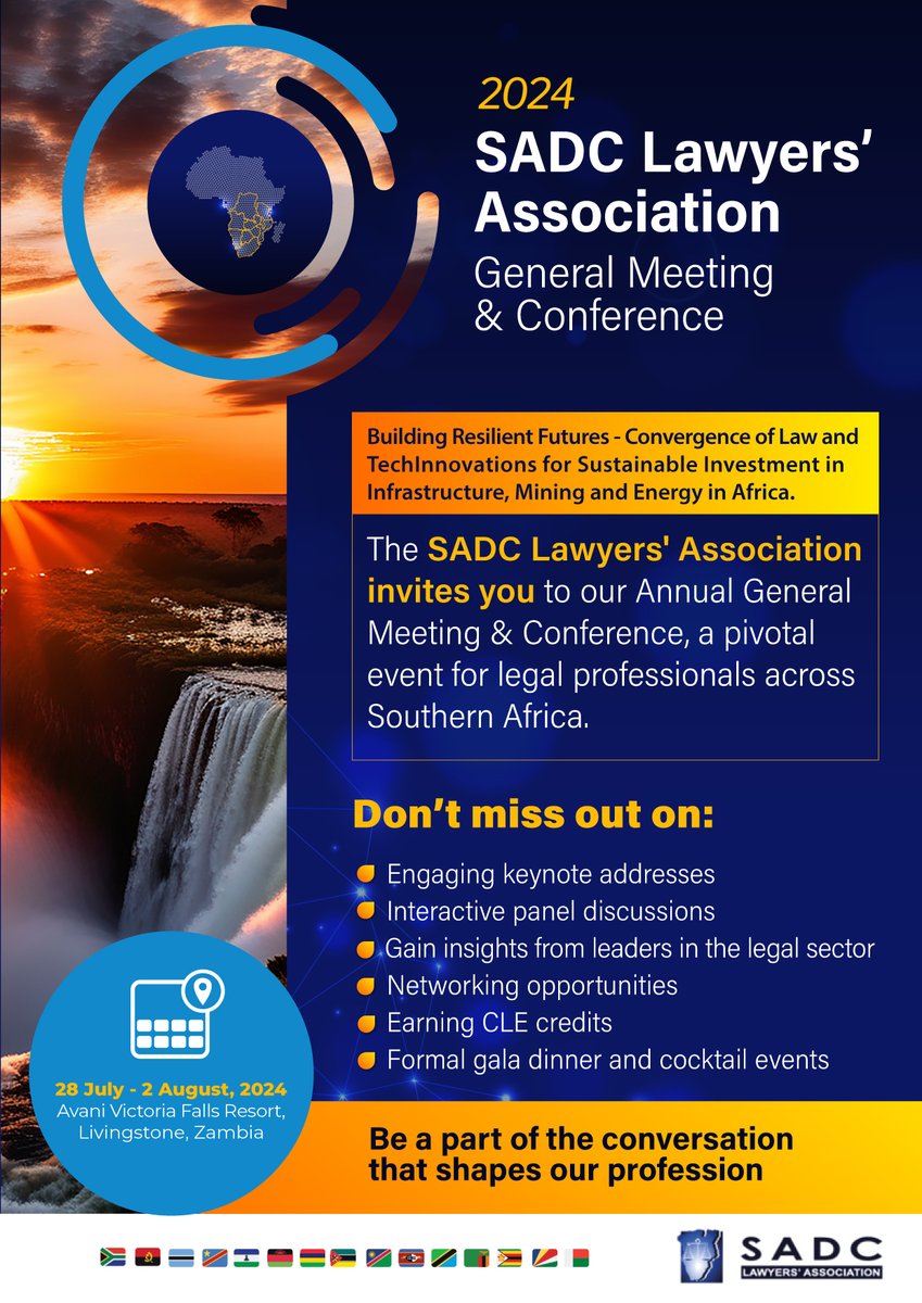 Join us in Livingstone, Zambia for an iconic Annual Conference! SADC-LA is calling all lawyers and legal professionals to register to attend  this transformative event. Engage, learn and shape the future of law in Southern Africa. 

sadcla-agmc.africa