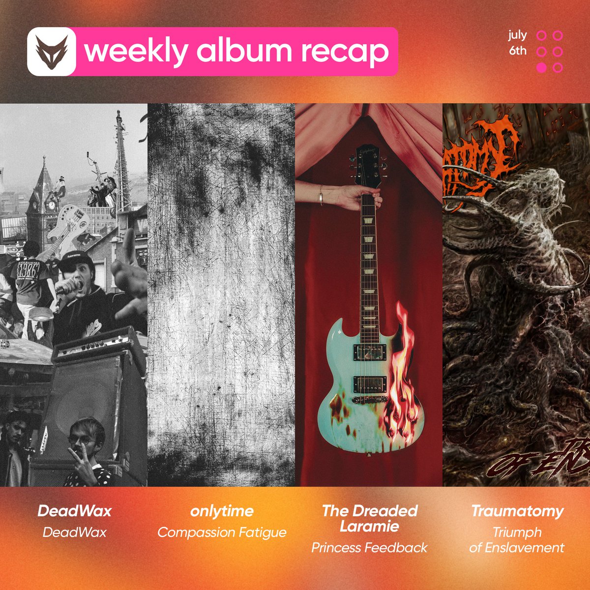 FOXCOREisdead's tweet photo. // Weekly album recap, Pt. V: July 6th
@DeadWaxOfficial — DeadWax - EP
#onlytime — Compassion Fatigue - EP
@TheDreadedLarry — Princess Feedback
#Traumatomy — Triumph of Enslavement - EP https://t.co/AVUpCp2chY