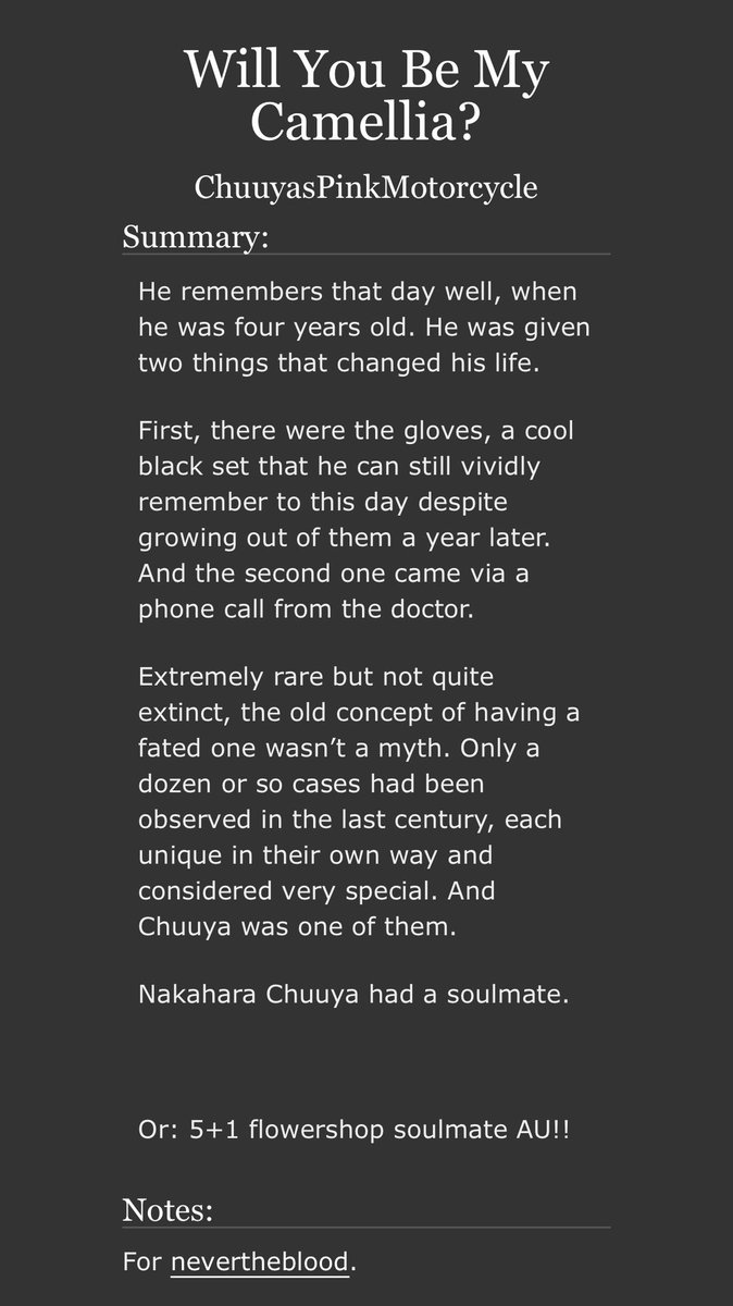 for <a href="/nevertheblood/">ari 🌠 nevertheblood.bsky.social</a> , <a href="/skksummerexch/">Soukoku Summer Exchange • Completed</a> !!

- Will You Be My Camellia?
- 5+1 soulmate flowershop AU!
- Chapter 1/6: Wisteria