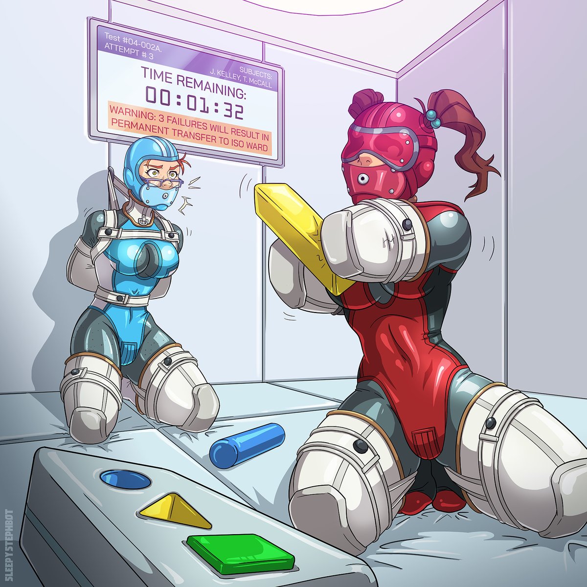 sleepystephbot's tweet image. Drawing for @Elysian_Chaos 
"Once they were ready for the day, JoBeth &amp;amp; Tara found themselves locked in Exam Room 2. The task facing them would require teamwork, and a need to overcome their bonds. However, nothing in the rules said that task had to be fair..."