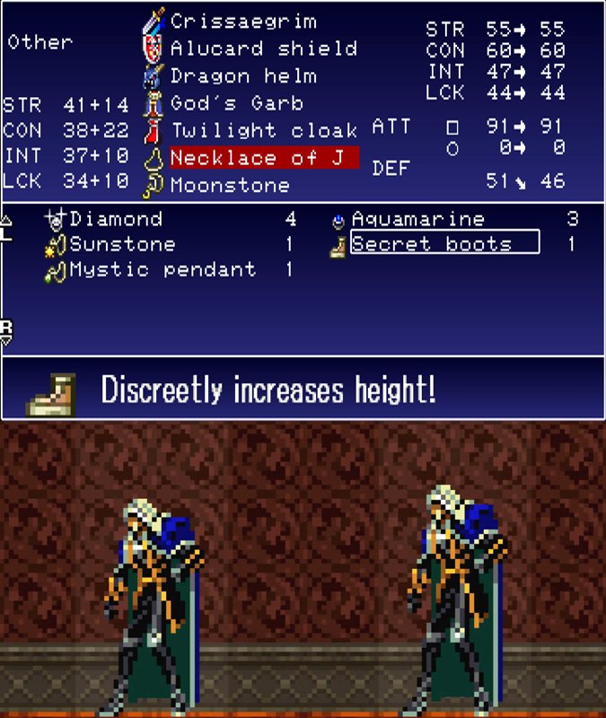 In a game already filled with a bunch of endearingly dumb tongue-in-cheek jokes, Castlevania: Symphony of the Night having an item that's functionally useless but stretches Alucard's sprite by three pixels is one of the funniest things to ever happen in a Konami game