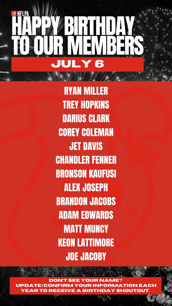 NFLPA Former Players (@nflpafmrplayers) on Twitter photo Happy birthday to our members @Rmiller73 <a href="/DariusDC396/">Darius Clark</a> <a href="/thecoreycoleman/">Corey Coleman</a> <a href="/awesomejet20/">Coach Jet 🛩️</a> <a href="/bkaufusi90/">Bronson Kaufusi</a> <a href="/Brandonjacobs27/">Brandon Jacobs</a> <a href="/renegade937ohio/">Matt Muncy</a> <a href="/Keon_Lattimore/">Keon Lattimore</a> <a href="/JoeJacoby66HOG/">Joe Jacoby</a> - All the best on your special day! Happy birthday to our members @Rmiller73 <a href="/DariusDC396/">Darius Clark</a> <a href="/thecoreycoleman/">Corey Coleman</a> <a href="/awesomejet20/">Coach Jet 🛩️</a> <a href="/bkaufusi90/">Bronson Kaufusi</a> <a href="/Brandonjacobs27/">Brandon Jacobs</a> <a href="/renegade937ohio/">Matt Muncy</a> <a href="/Keon_Lattimore/">Keon Lattimore</a> <a href="/JoeJacoby66HOG/">Joe Jacoby</a> - All the best on your special day!
