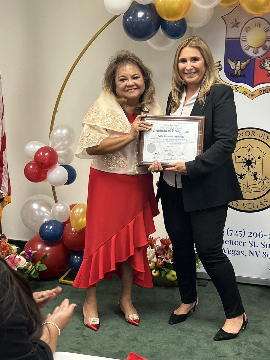 VictoriaDseaman's tweet photo. I was invited to and presented a certificate to the Philippine Honorary Consulate, Bella Aurora “Amie” P. Belmonte, to celebrate her first anniversary in Las Vegas.
#lvcouncil #lvccward2 #PhilippineConsulate #LasVegas #OpenHouse #Anniversary #BellaAuroraBelmonte #HonoraryConsul #CertificateOfRecognition #CommunitySupport #PhilippineCommunity #Celebration
@CityOfLasVegas @NaFFAA_National