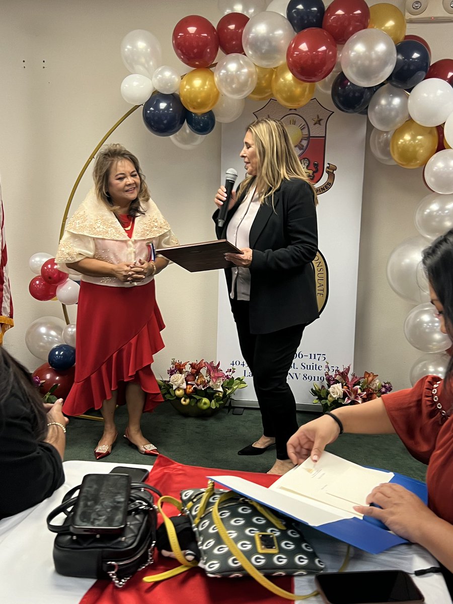 VictoriaDseaman's tweet photo. I was invited to and presented a certificate to the Philippine Honorary Consulate, Bella Aurora “Amie” P. Belmonte, to celebrate her first anniversary in Las Vegas.
#lvcouncil #lvccward2 #PhilippineConsulate #LasVegas #OpenHouse #Anniversary #BellaAuroraBelmonte #HonoraryConsul #CertificateOfRecognition #CommunitySupport #PhilippineCommunity #Celebration
@CityOfLasVegas @NaFFAA_National