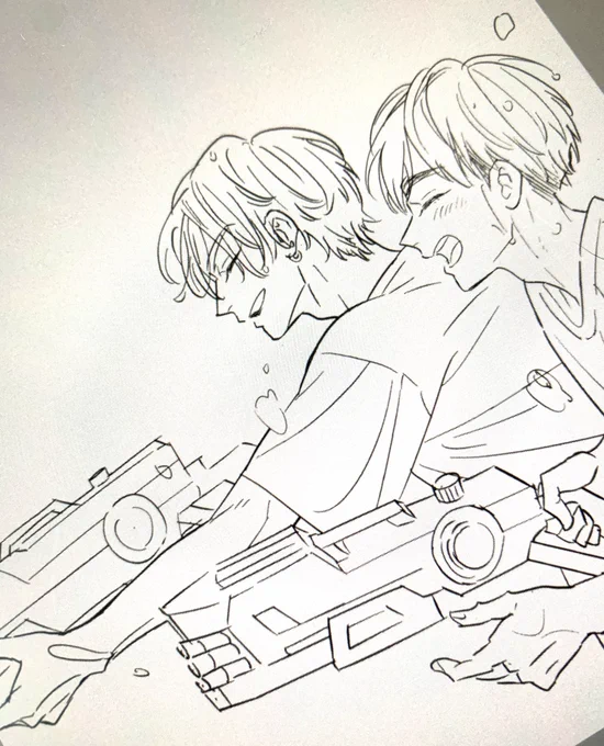 #きみ色に溺れたい ご感想&ご紹介、イラストにも&RP沢山ありがとうございます>RP ちょっと写真暗いですが 全体図と塗り途中と下描きです 仕上げに青の絵の具飛ばしたら映空の顔にびしゃってかかって慌てた...(あわあわして写真撮ってない)