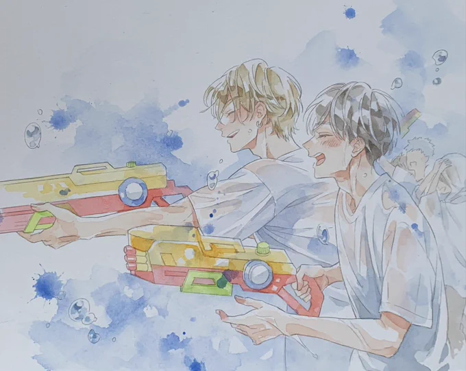 #きみ色に溺れたい ご感想&ご紹介、イラストにも&RP沢山ありがとうございます>RP ちょっと写真暗いですが 全体図と塗り途中と下描きです 仕上げに青の絵の具飛ばしたら映空の顔にびしゃってかかって慌てた...(あわあわして写真撮ってない)