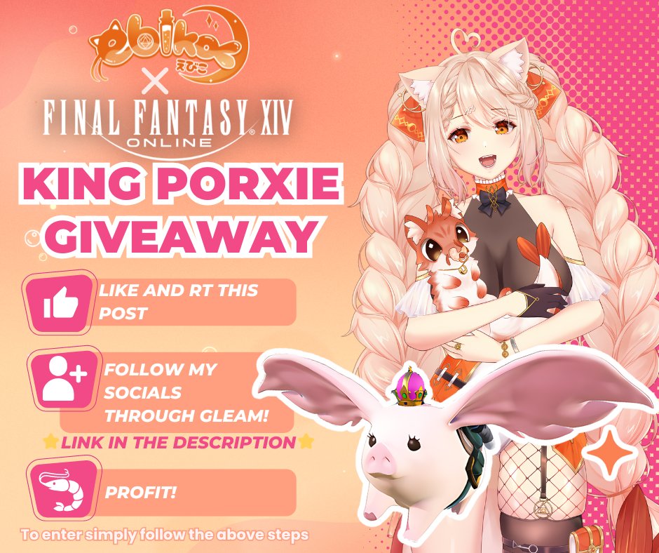 EbikoVtuber's tweet image. Want the King Porxie mount but can’t make it to a Gong Cha location?  

I'm giving away a code for this charming mount to one lucky Warrior of Light! 

Simply ❤️LIKE ♻️ RETWEET &amp;amp; ➕FOLLOW MY SOCIALS THROUGH GLEAM (in the Description below!)
FOR EVEN MORE BONUS ENTRIES TO WIN!