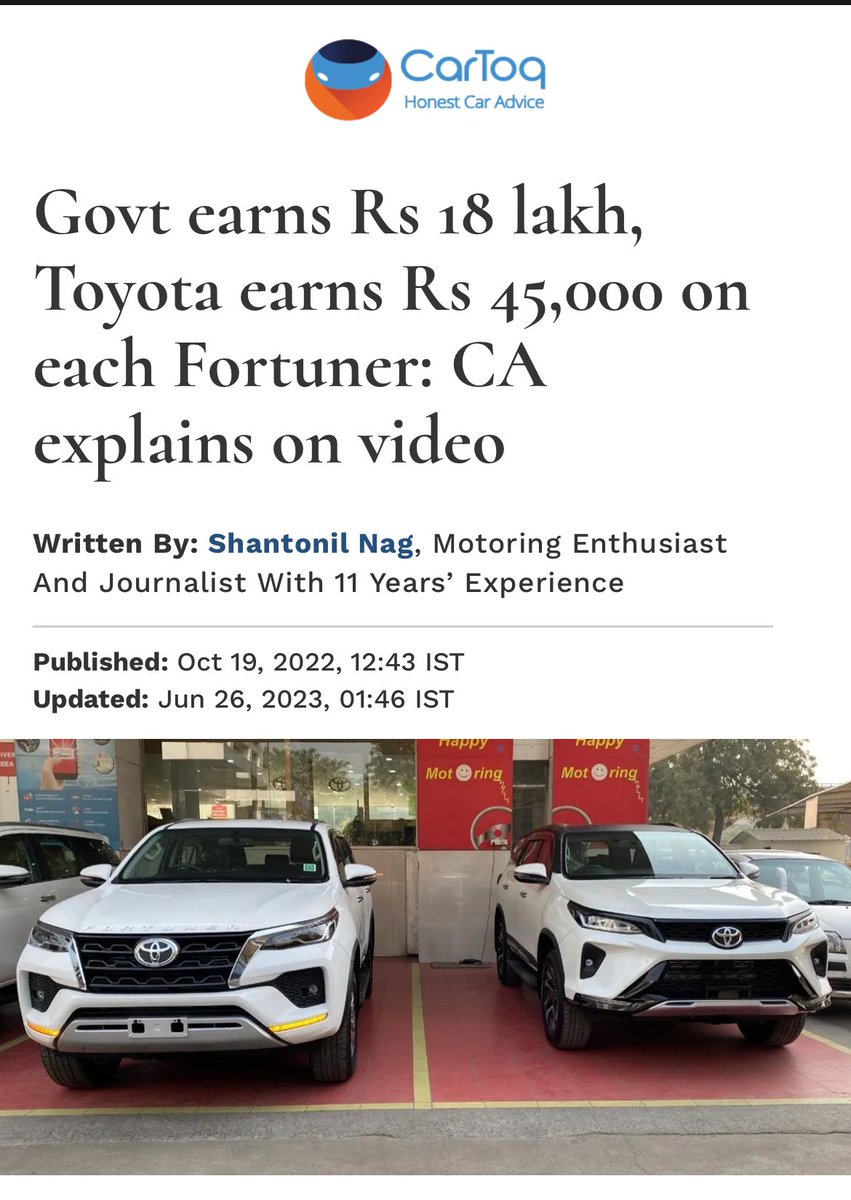 sidd_sharma01's tweet photo. For every #ToyotaFortuner sold in India, Toyota earns Rs. 45000/-

And the Govt. of India earns Rs.18,00,000/-

How incredible it is with we Indians 😊👍🏽

#Taxes #TaxesInIndia #IndianTaxStructure https://t.co/L6y4sezUbE