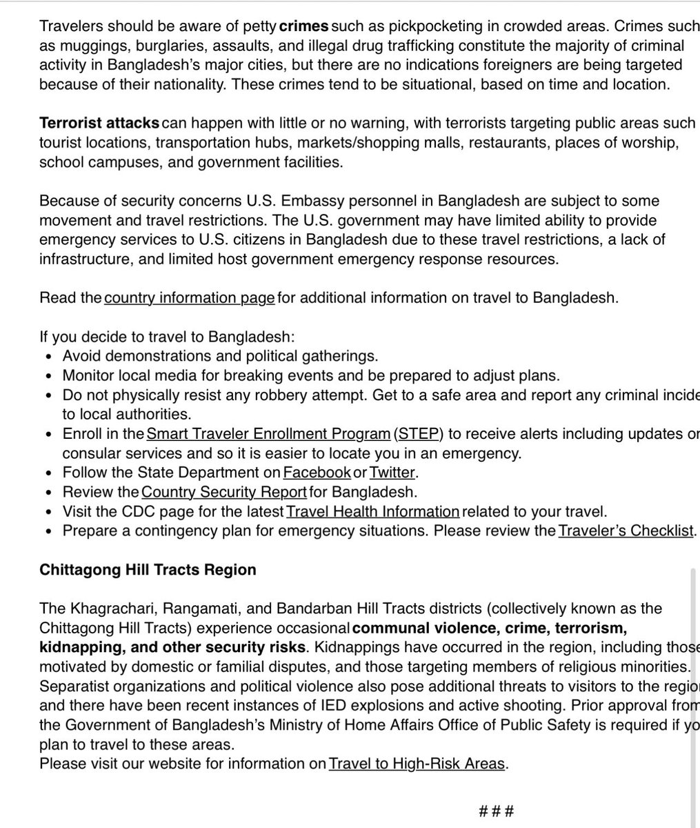 Bangladesh has been declared a High-Risk Area at Level 4, as announced by the <a href="/StateDept/">Department of State</a> a few hours ago.