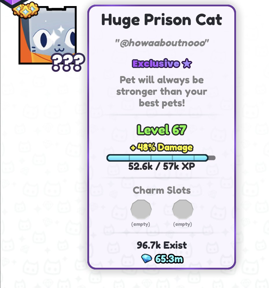 howaaboutnooo's tweet photo. 🎉 DAILY GIVEAWAYS - Day 230 🎉
🔥 HUGE Prison Cat! 🔥

Requirements:
🤝 follow me
❤️ & 🔁 like & RT
💬 reply w/ ur username

giveaway ends in 48 hours! good luck! 🔥
#PetSimulator99 #PetSim99 #PS99 #PetSimulator #PetSimulator99Giveaways #ROBLOX