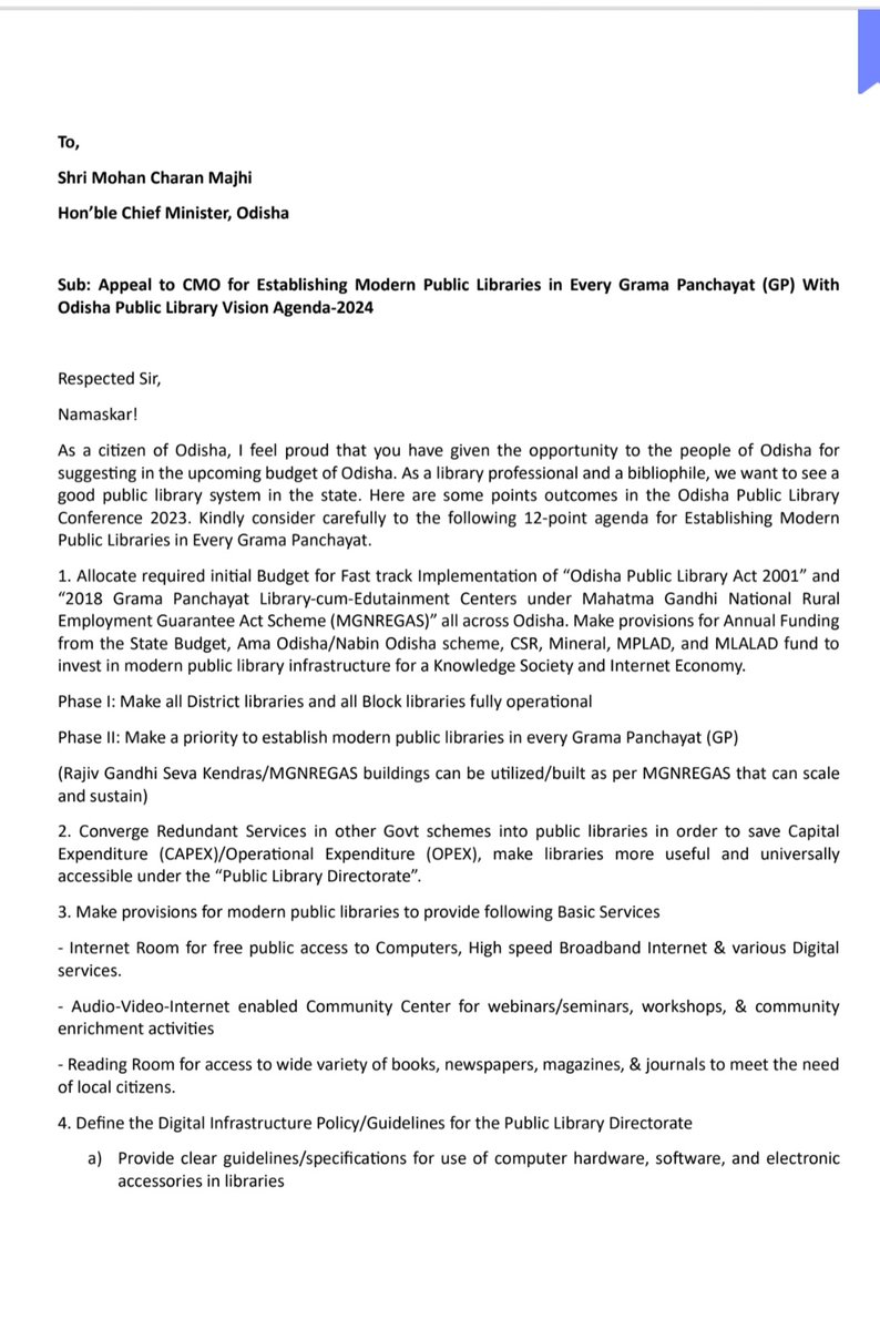 DhindaKira3765's tweet photo. 12-point Appeal to Hon'ble @CMO_Odisha Shri @MohanMOdisha for establishing #PublicLibraries in every #GramaPanchayat as per #PanchayatLibraryAndInfotainmentCentre_2018 & recruit professional librarians in each #Panchayat_Library
#OdishaPublicLibraryVision2024
@FdOdisha https://t.co/JvxRK70SAb