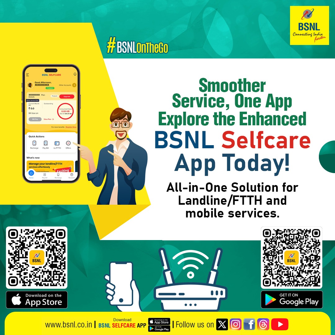 bsnl_ap_circle's tweet photo. Smoother Service, One App Explore the Enhanced #BSNLSelfcareApp Today!  Your All-in-One Solution for Landline/FTTH and Mobile services.
  
Google Play: https://t.co/ZViyKgdRqt
App Store: https://t.co/cwSnCcR4wP 

#BSNLOnTheGo #BSNL #DownloadNow #SwitchToBSNL #BSNLAP https://t.co/vFbp0UD3HR