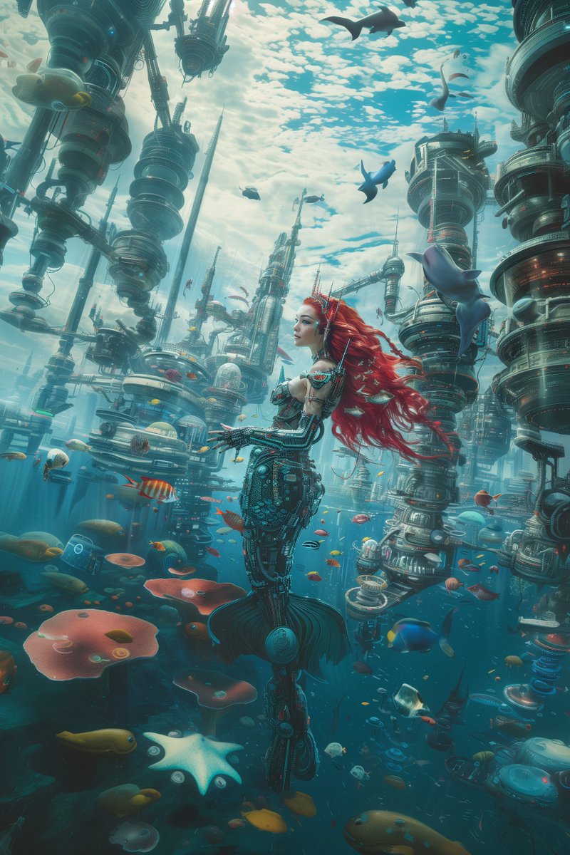 w1gglb0t's tweet photo. "Seraphsea swimming in a digital oceanic metropolis ." #AIart #Synthography #BiomechanicalAImermaid #Merfalien https://t.co/QA4W8F1ziC