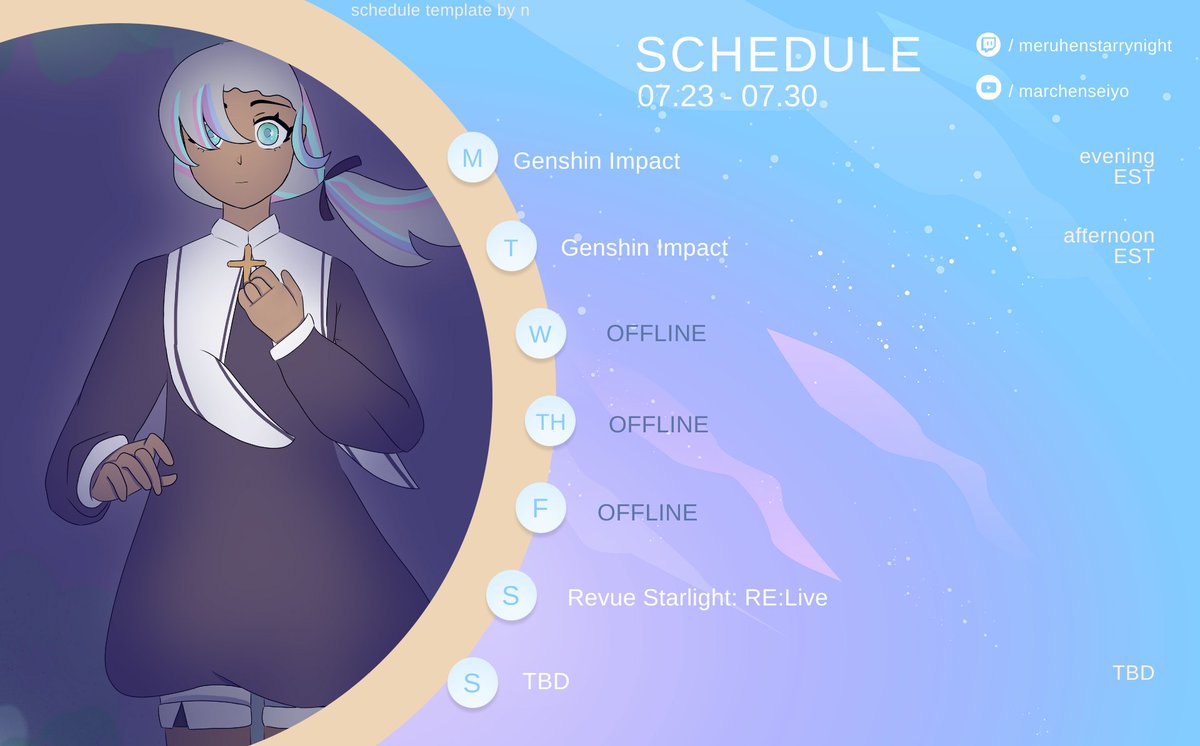 seiyomarchen's tweet photo. schedule! I'm excited to play genshin even though I know it'll be laggy because I ragequit after I lost the 50/50 on arlecchino (it's literally kirara's fault but at least she's free this version) and want to catch up. wish they put melanin in the characters though https://t.co/uMYt5zFjj1