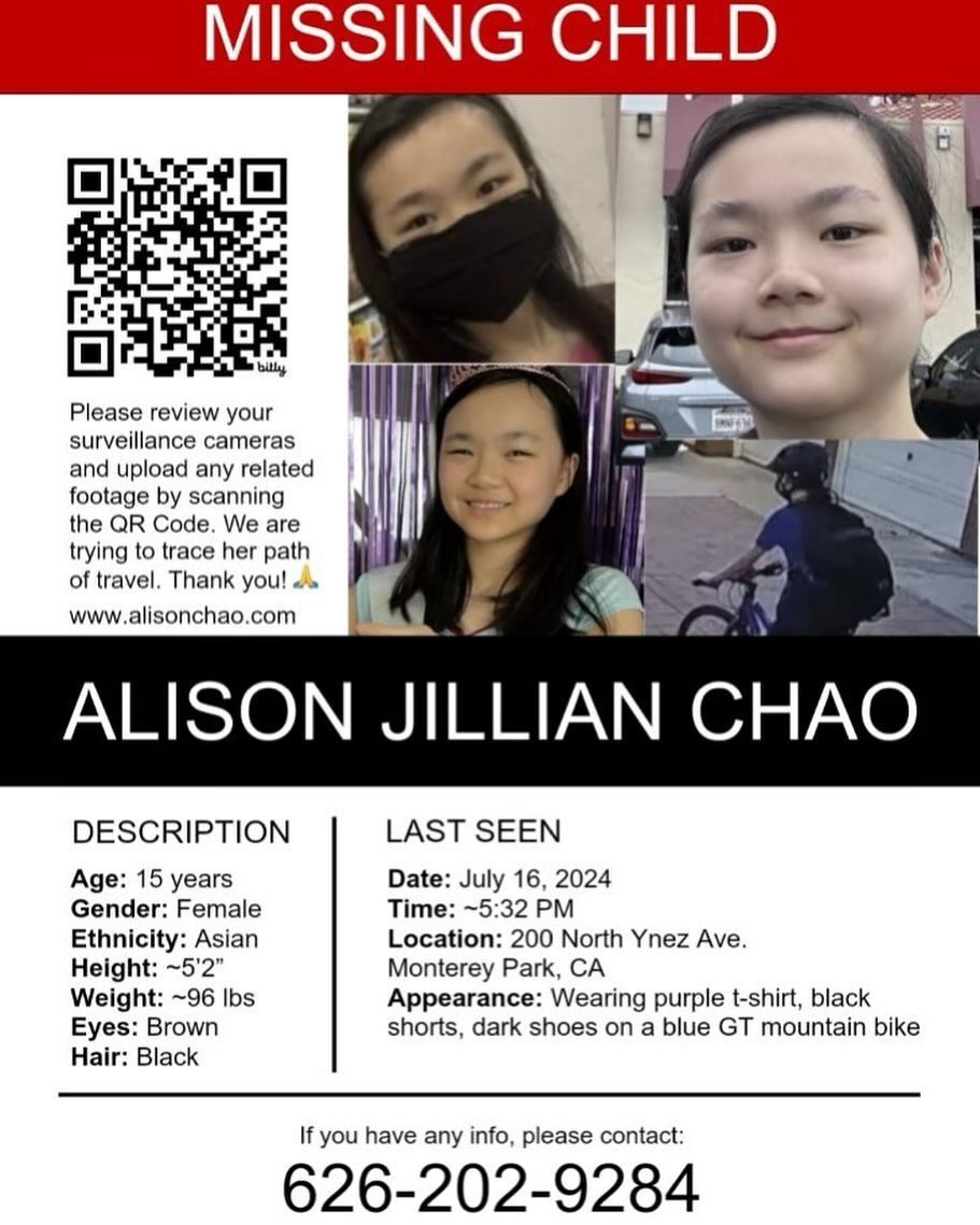 CrimeNJusticeYT's tweet photo. π¨ MISSING TEEN CALIFORNIA π¨
Alison Chao, 15, last seen July 16, 2024 leaving her home in #MontereyParkCA on her blue mountain bike. She was going a few blocks away to her grandmother's house but never made it there. Please #Repost #MISSINGPERSON #CaliforniaMissing https://t.co/QO2o4HzIwP