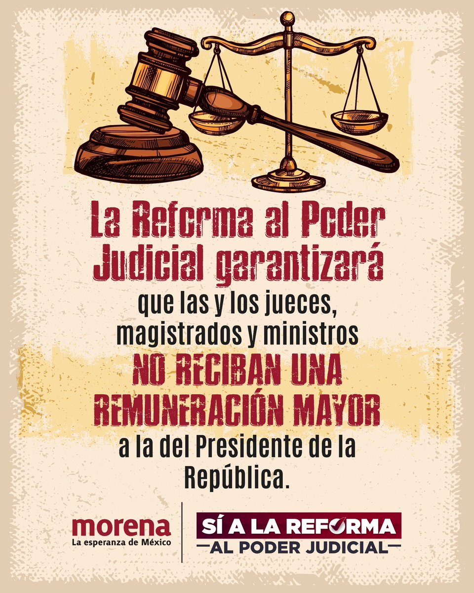 PartidoMorenaMx's tweet image. ¡Adiós a los excesos y derroches del Poder Judicial!

Con la reforma judicial, los jueces, magistrados y ministros, no recibirán un salario mayor que el del Presidente de la República.
