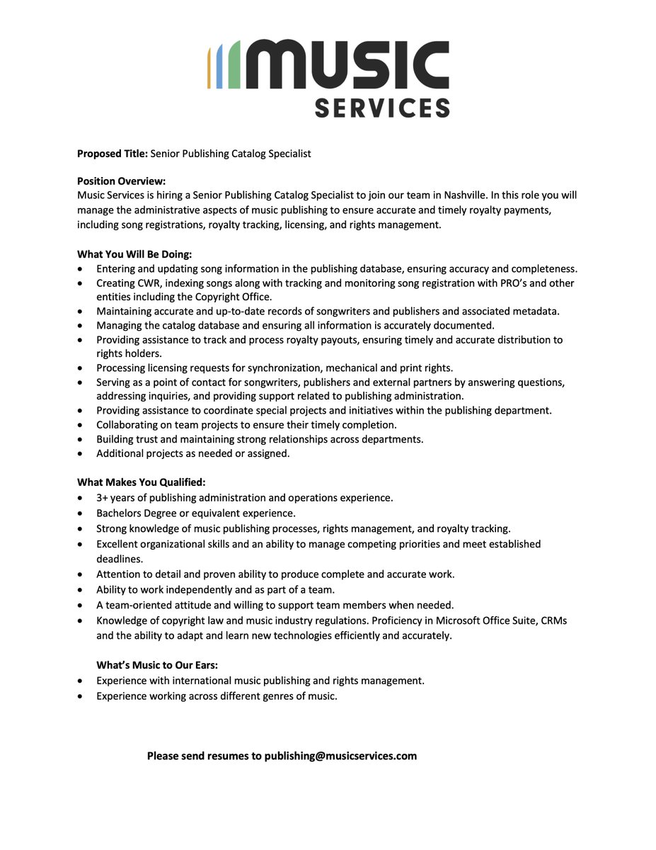 SourceNashville's tweet photo. 🚨Job Alert 🚨 Music Services is hiring a Senior Publishing Catalog Specialist!

Manage the administrative aspects of music publishing to ensure accurate and timely royalty payments, including song registrations, royalty tracking, licensing, and rights management. https://t.co/3uHT9bqs9y