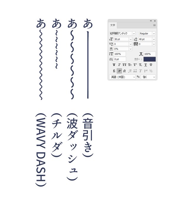 「なみ」とか「にょろ」で変換される波状ダッシュ(WAVY DASH)を使うとつながるようです 