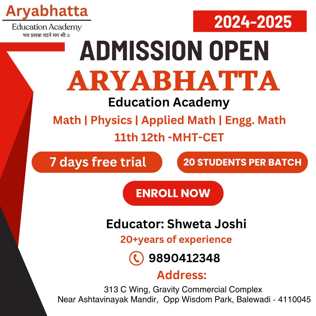 BanerBalewadi's tweet photo. Enroll at Aryabhatta Education Academy - Shweta Joshi in Baner Balewadi

Link: https://t.co/gs28zF3cVH
Contact no: 9890412348
#mathclass #physicscoaching #mhtcet https://t.co/LXnwxBqZpH